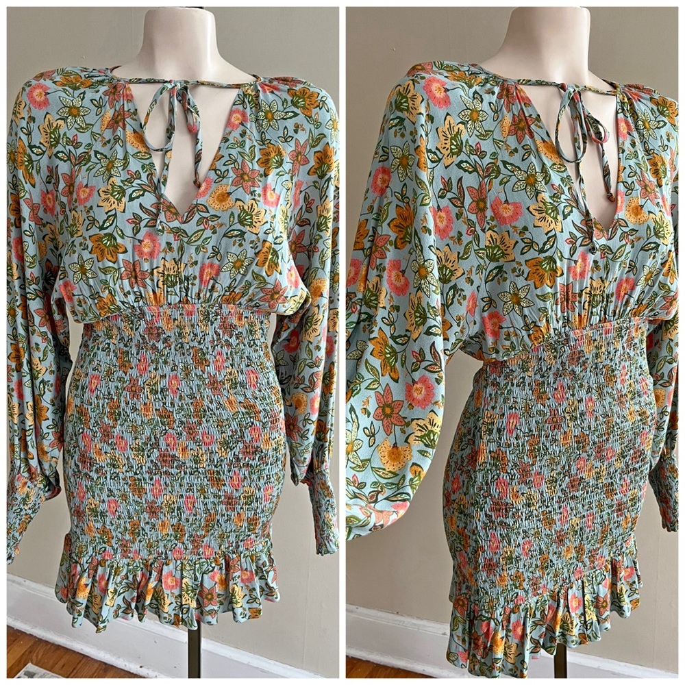 VICI floral smocked boho botanical dolman mini dress